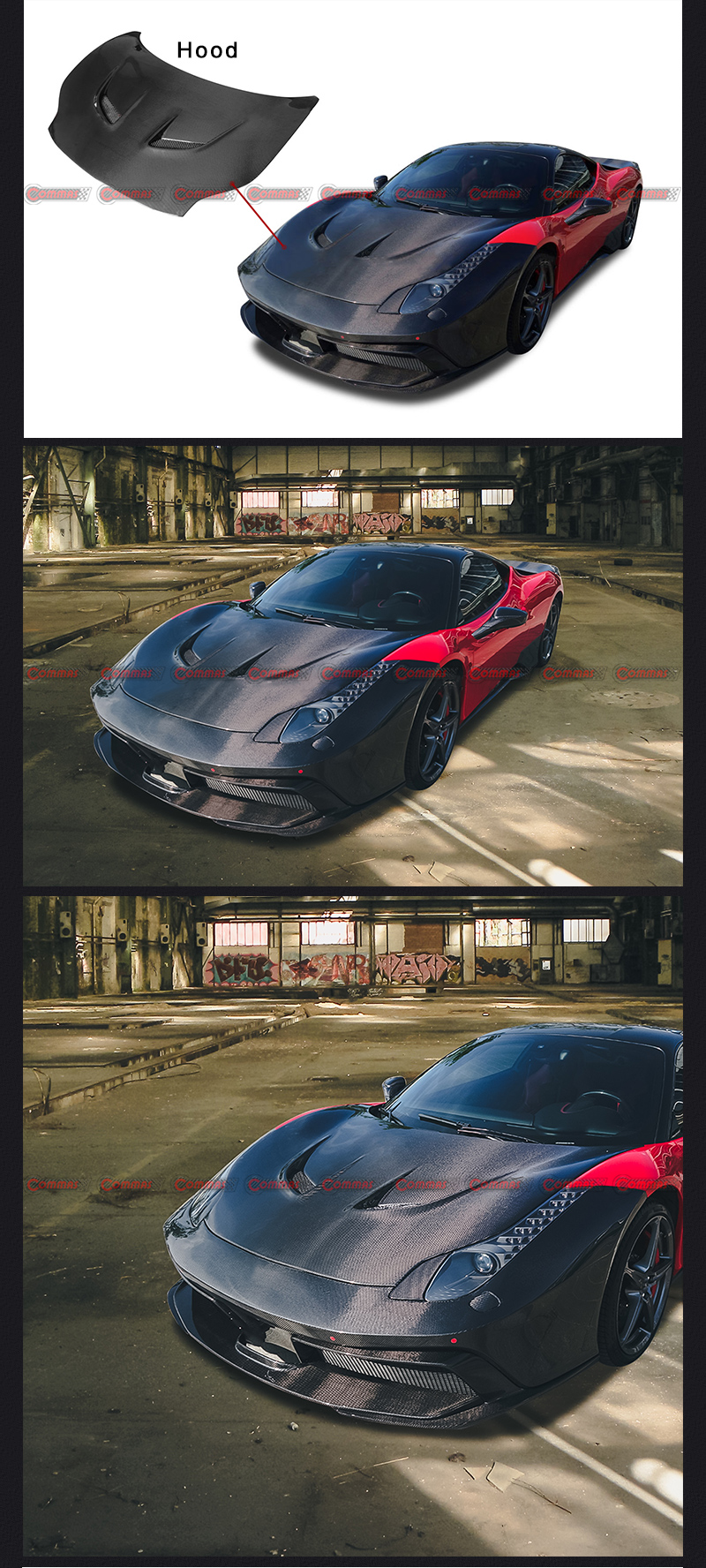 Ferrari 458 voiles noires capot moteur